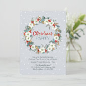 Uitnodiging voor kerstfeest | Bloemkrans blauw (Staand voorkant)