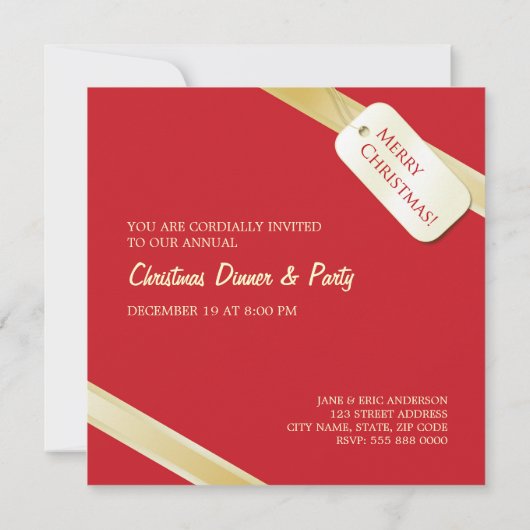 Uitnodiging voor kerstfeest Red Golden Bow (Achterkant)