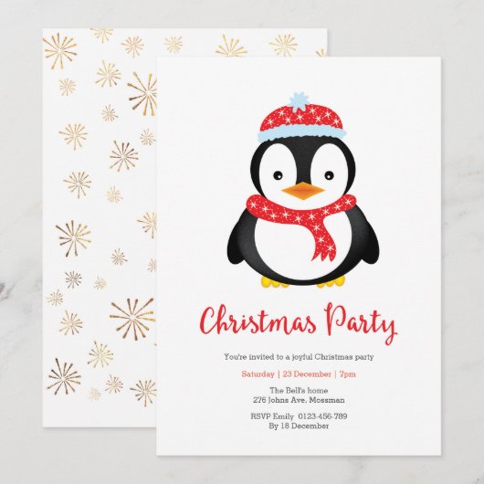 Uitnodiging voor kerstfeest | Schattigee pinguïn (Voorkant / Achterkant)