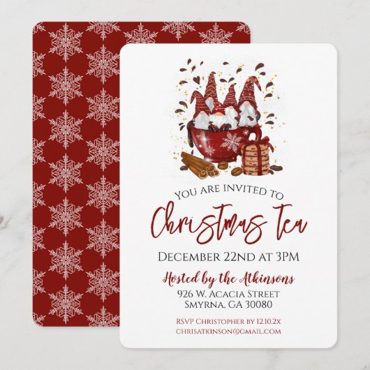 Uitnodiging voor kerstfeest Tea Red Gnome Party (Voorkant / Achterkant)