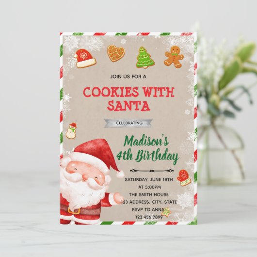 Uitnodiging voor Kerstman-feest met koekjes (Staand voorkant)