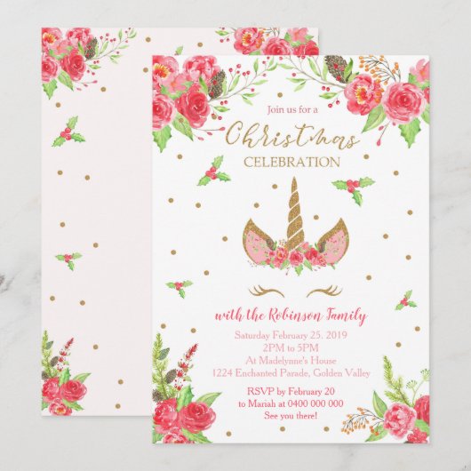 Uitnodiging voor kerstmis Unicorn (Voorkant / Achterkant)