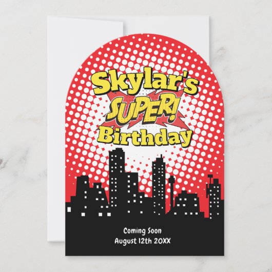 Uitnodiging voor kinderfeestje superheld - RIP 20s (Voorkant)