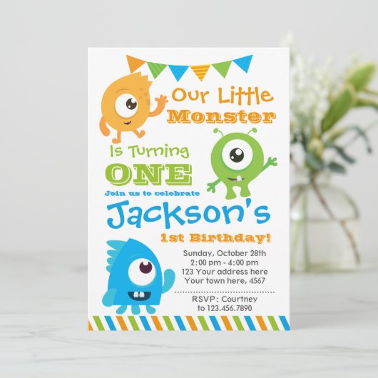 Uitnodiging voor kleine monsters, 1e verjaardagsfe (Staand voorkant)