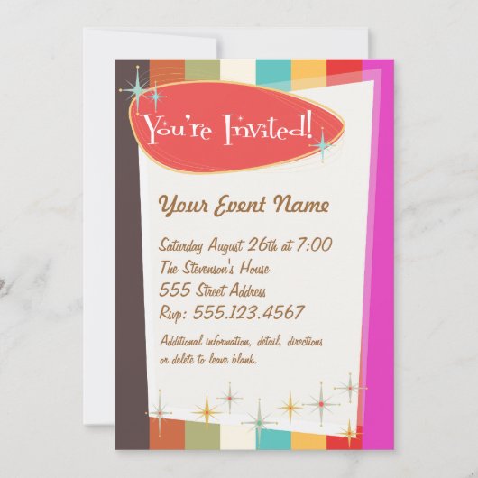 uitnodiging voor kleurrijke retroparty (Voorkant)