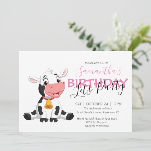 uitnodiging voor koe verjaardagsfeestje voor meisj (Staand voorkant)