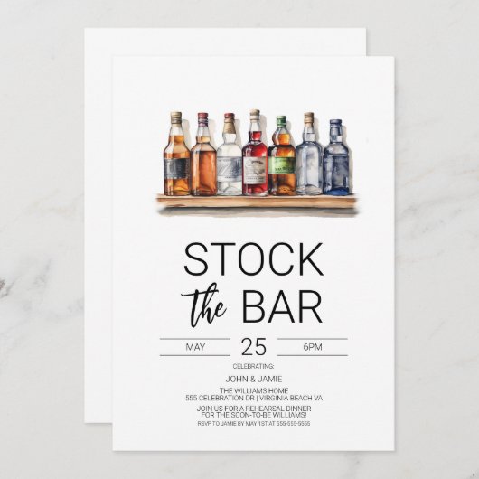 Uitnodiging Voor Koppel Bruisfeest 'Stock The Bar' (Voorkant / Achterkant)
