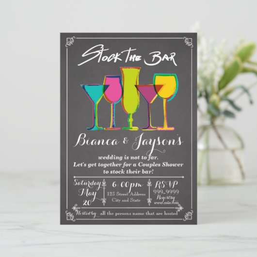 Uitnodiging voor koppel bruisfeest 'Stock the Bar' (Staand voorkant)