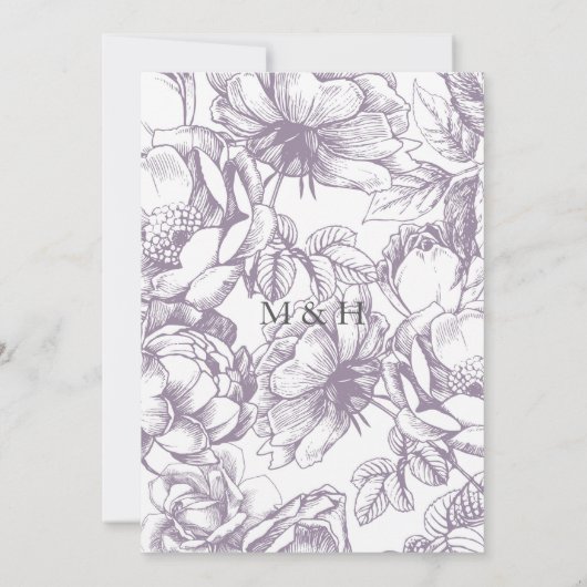 Uitnodiging voor lila en grijze botanische bruilof (Achterkant)