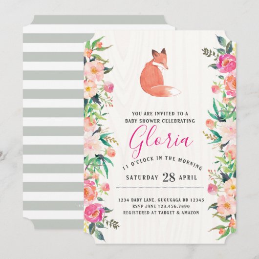 Uitnodiging voor Little Red Fox Floral Baby Shower (Voorkant / Achterkant)