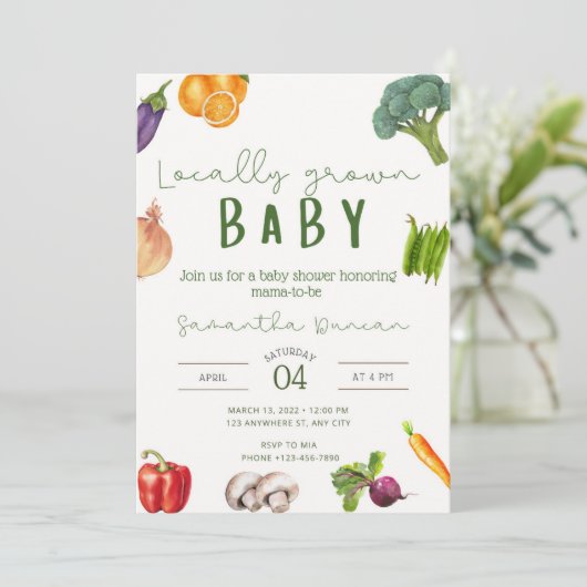 Uitnodiging voor lokaal geteeld Baby shower (Staand voorkant)