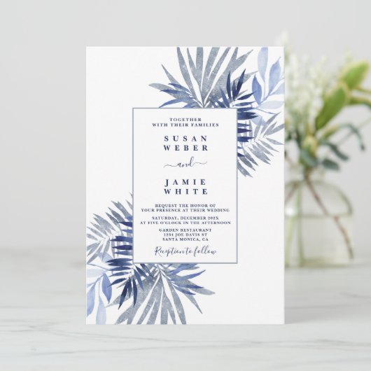 Uitnodiging voor marineblauw strand bruiloft (Staand voorkant)