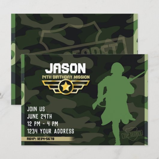 Uitnodiging voor militaire stijlfeestjes (Voorkant / Achterkant)