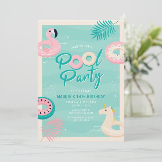 Uitnodiging voor Modern Tropisch Zomer Zwembadfees (Staand voorkant)