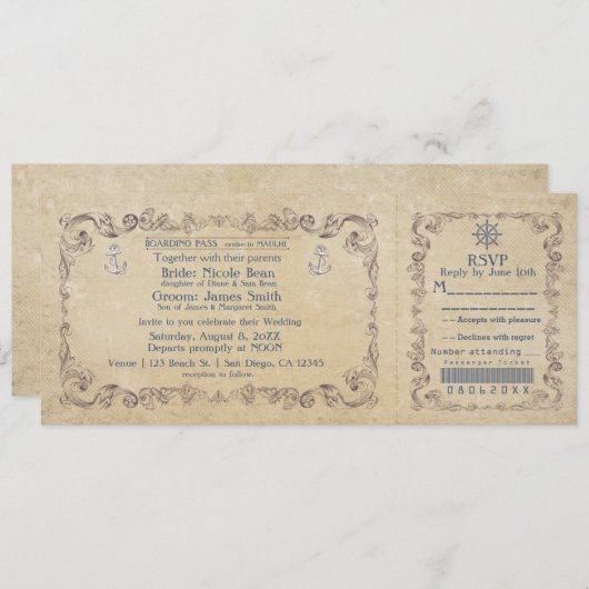 Uitnodiging voor nautische bruiloft  cruiseticket (Voorkant / Achterkant)