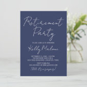 Uitnodiging voor Navy Blue Script Retirement Party (Staand voorkant)