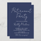 Uitnodiging voor Navy Blue Script Retirement Party (Voorkant / Achterkant)