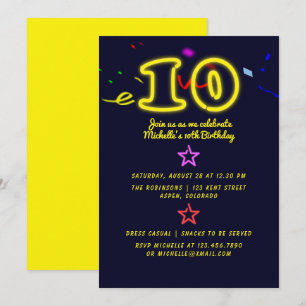 Uitnodiging voor neon verjaardagsfeestje van 10 ja