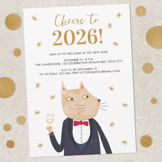 Uitnodiging voor Nieuwjaarsfeest met kat in smokin