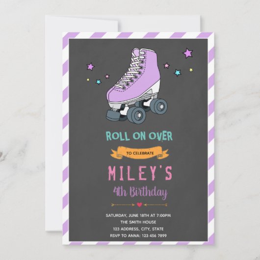 Uitnodiging voor paarse rollerschaatsfeestje (Voorkant)