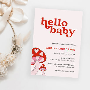 Uitnodiging voor paddenstoelBaby shower   Rood en 