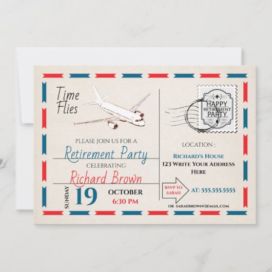 Uitnodiging voor pensionering met vliegtuig (Voorkant)