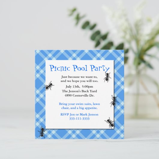 Uitnodiging voor Picnic Ants Blue Pset (Staand voorkant)