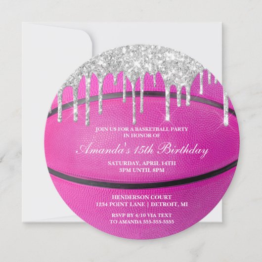 Uitnodiging voor Pink Silver Drip Meisjesbasketbal (Voorkant)