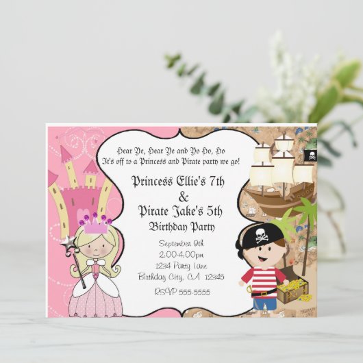 Uitnodiging voor Pirate and Princess Birthay Party (Staand voorkant)