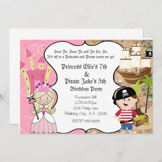 Uitnodiging voor Pirate and Princess Birthay Party (Voorkant / Achterkant)