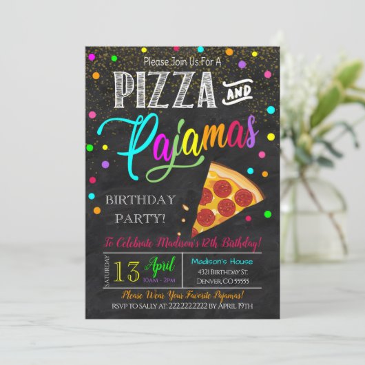 Uitnodiging voor Pizza- en Pyjamafeestje (Staand voorkant)