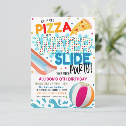 Uitnodiging voor Pizza- en Waterglijbaanfeest (Staand voorkant)