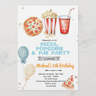 Uitnodiging voor pizza popcorn en pyjama feestje