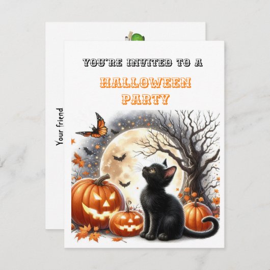 Uitnodiging voor pompoen zwarte kat kids Halloween (Voorkant / Achterkant)