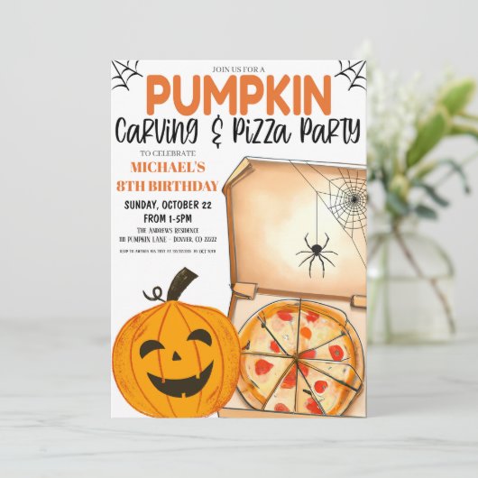 Uitnodiging voor pompoensnijden en pizza (Staand voorkant)