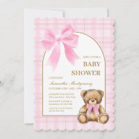 Uitnodiging voor Preppy Teddy Bear Roze Plaid Baby