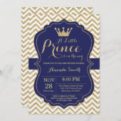 Uitnodiging voor Prince Baby Shower in Navy en Gou (Voorkant / Achterkant)