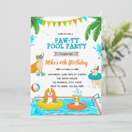 Uitnodiging voor puppy zwembadfeestje (Staand voorkant)