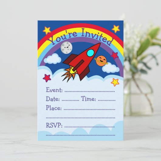 Uitnodiging voor raketfeestje (Staand voorkant)