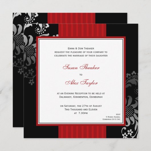 Uitnodiging voor rode en zwarte  patroonbruiloft (Voorkant / Achterkant)