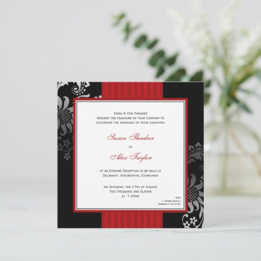 Uitnodiging voor rode en zwarte  patroonbruiloft (Staand voorkant)