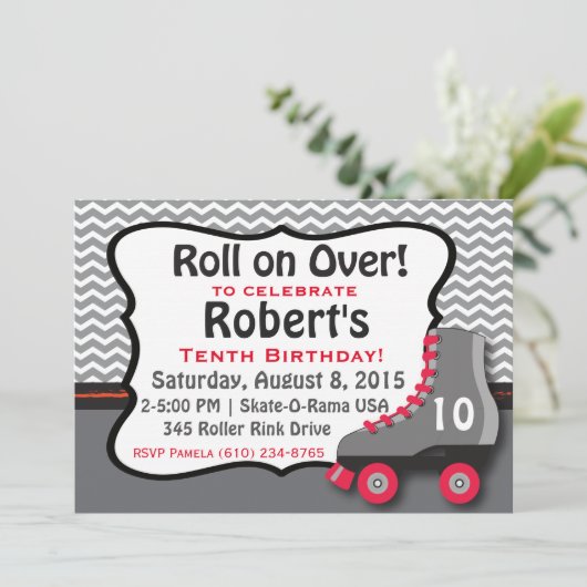 Uitnodiging voor roller skate verjaardagsfeestje (Staand voorkant)