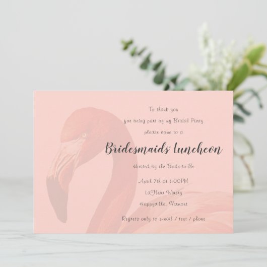 Uitnodiging voor roze flamingo bruidsmeisjeslunch (Staand voorkant)