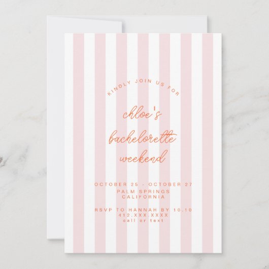 Uitnodiging voor roze gestreepte vrijgezellenfeest (Voorkant)