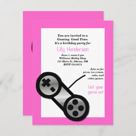 Uitnodiging voor roze videogame-partij (Voorkant / Achterkant)