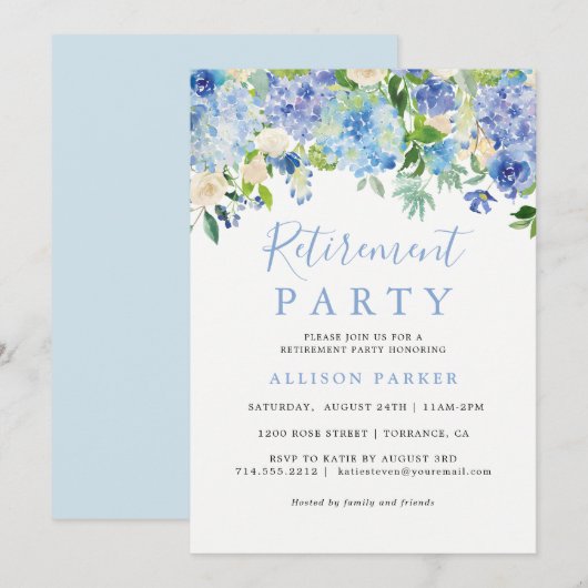 Uitnodiging voor Rustic Blue Hydrangea Pensioenfee (Voorkant / Achterkant)