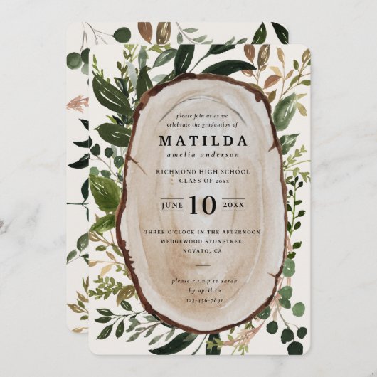 Uitnodiging voor Rustic wood slice graduation part (Voorkant / Achterkant)