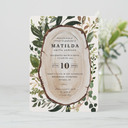 Uitnodiging voor Rustic wood slice graduation part (Staand voorkant)