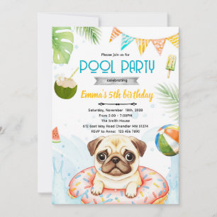 Uitnodiging voor schattig pug zwembadfeest