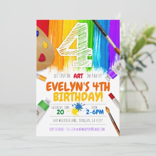 Uitnodiging voor schilderfeest, kunstverjaardagsfe (Staand voorkant)